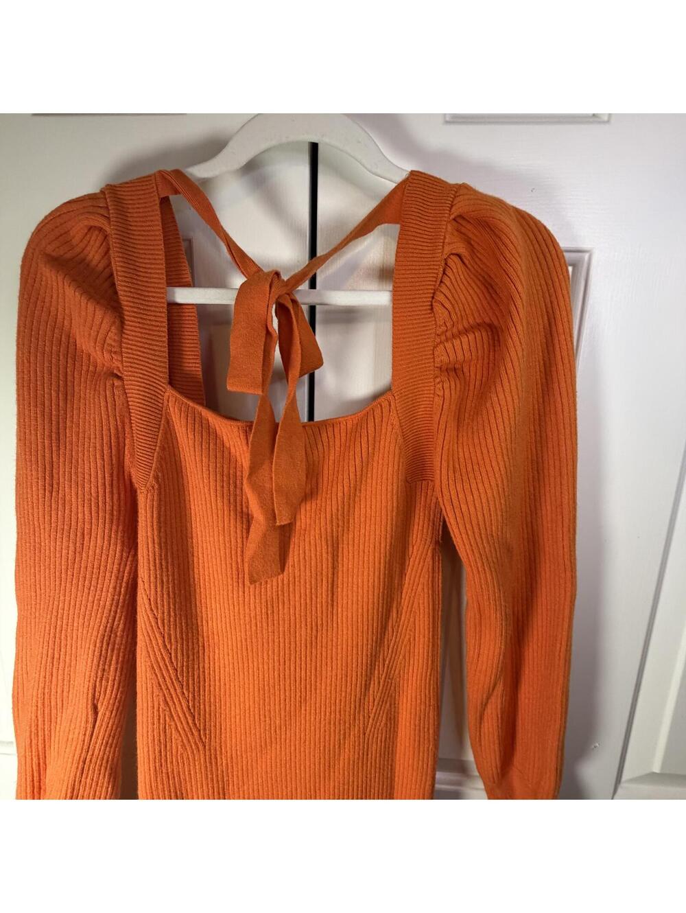 House of Harlow Orange Knit Sweater Bodycon Midi Dress M Puff Sleeve - Picture 7 of 8
